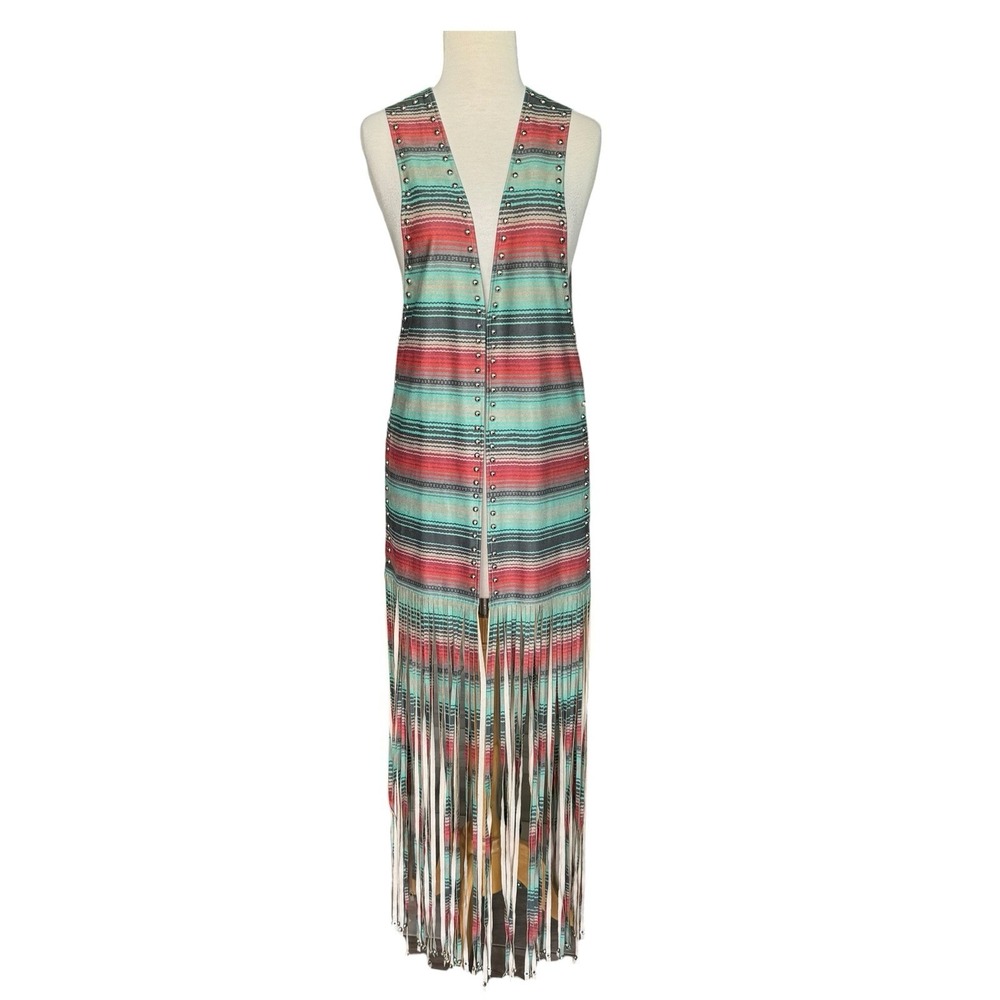 Crazy Train One Size Striped Faux Suede Studded Fringe Open Vest Duster